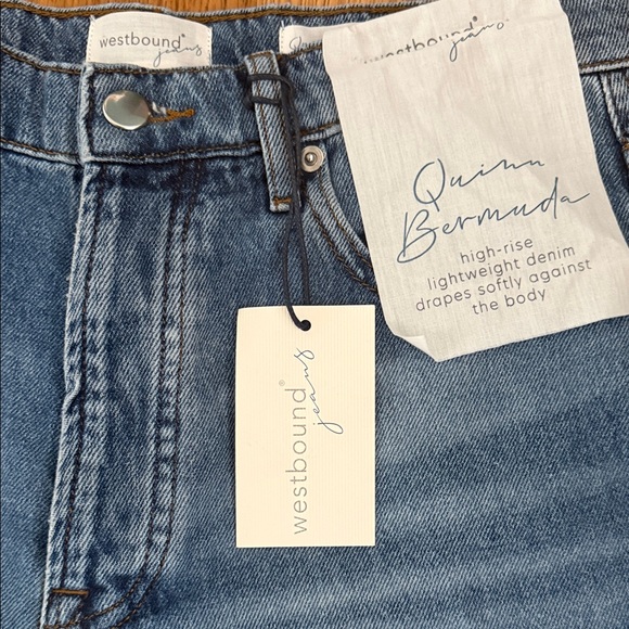 Westbound Raw-Hem High-Rise Denim Bermuda Shorts in Medium Blue - Picture 2 of 5